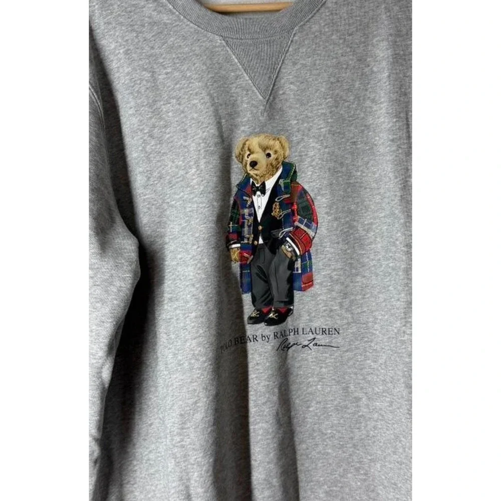 Polo Ralph Lauren Polo Duffel Bear Tartan Plaid Coat Fleece Sweatshirt Grey SZ M